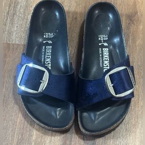 Birkenstock Madrid Velvet Midnight Blue Slides with Silver Buckle